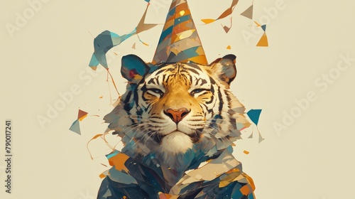 A tiger s head wearing a party hat against a white backdrop