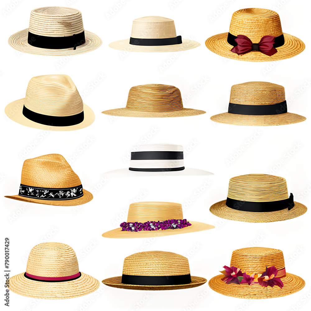 A collection of handwoven straw hats Transparent Background Images 