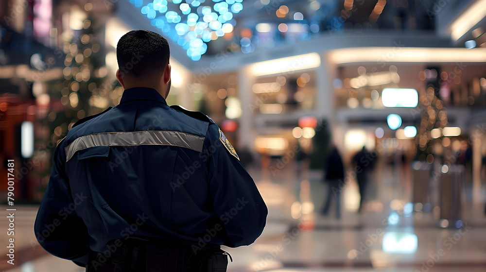 Police officer standing in a shopping mall as security Police officer standing in a shopping mall as security
