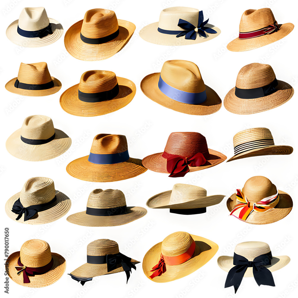 A collection of handwoven straw hats Transparent Background Images