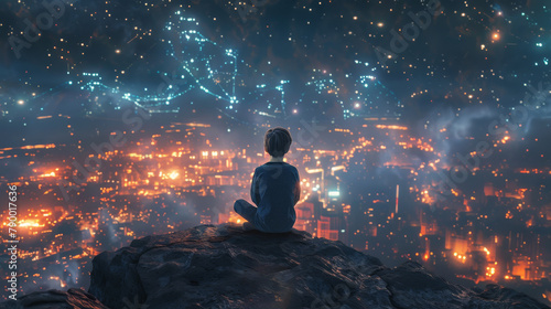 Person Sitting on Rock Looking at City