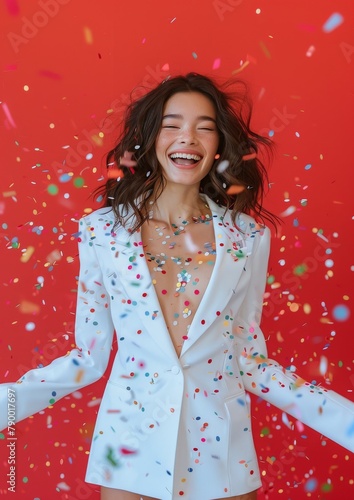 Woman Wearing White Suit and Confetti