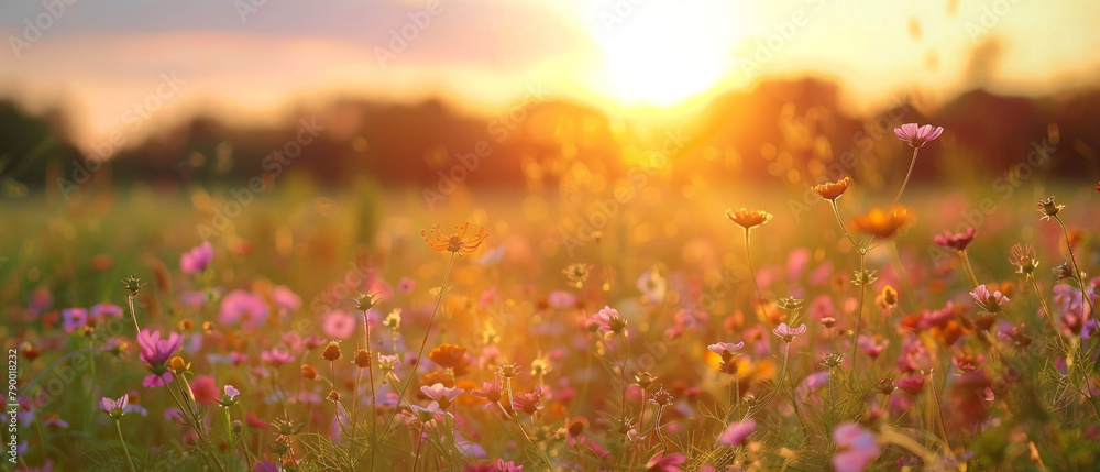 Vibrant wildflowers bloom as the sun sets in a picturesque field, creating a serene landscape. Vibrant wildflowers bloom as the sun sets in a picturesque field, creating a serene landscape.