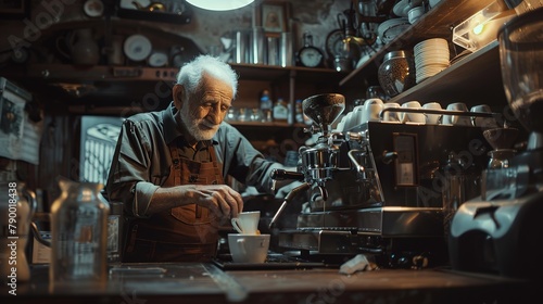 old italian barista During World War II, coffee was being made, on old house background