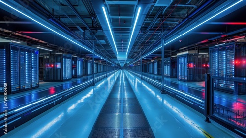 A Very Long Hallway With Lots of Blue Lights