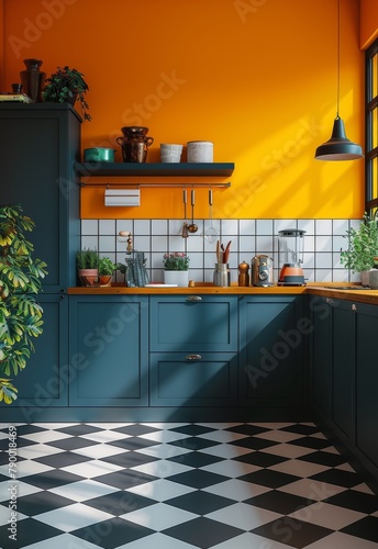 Dining Room With Checkered Floor and Orange Walls