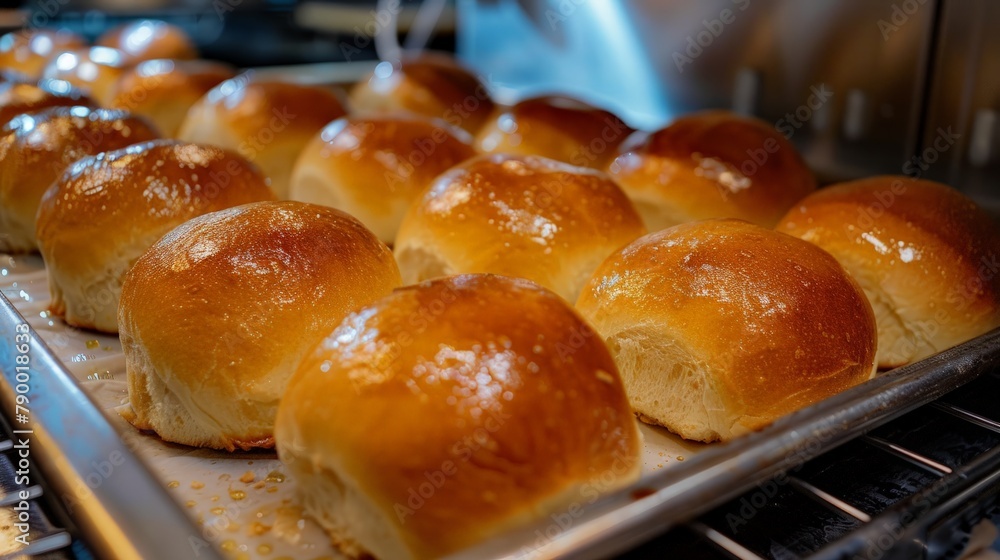 A tray of freshly baked buns and rolls, their golden crusts glistening in the light, promising a satisfying crunch with each bite. A tray of freshly baked buns and rolls, their golden crusts glistening in the light, promising a satisfying crunch with each bite.