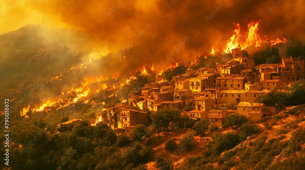 The flames are closing in on the smoke-covered medieval mountain village