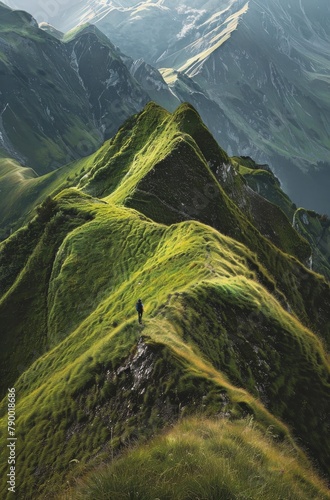Person Standing on Top of Green Mountain