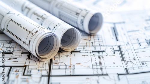 Civil engineers consulting architectural drawings and plans, collaborating on the design and layout of a new residential or commercial development.