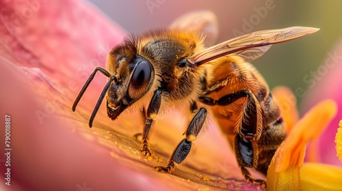 Close-up of a bee perched on a flower petal, its proboscis immersed in the flower's nectar as it collects food for the hive.