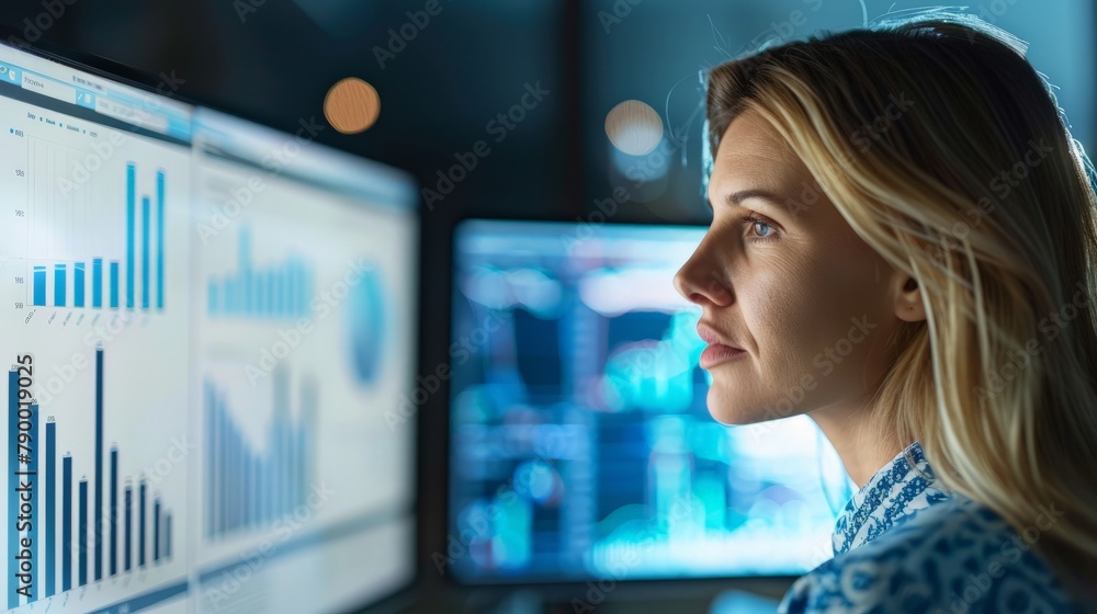 Close-up of a professional woman reviewing financial reports and graphs on a computer monitor, analyzing data to make informed business decisions. Close-up of a professional woman reviewing financial reports and graphs on a computer monitor, analyzing data to make informed business decisions.