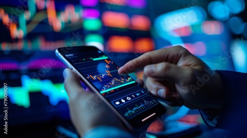 Close-up of a trader's hand using a mobile trading app to buy or sell stocks, illustrating the accessibility of stock trading through smartphones.