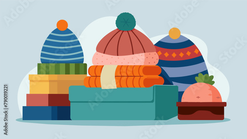 A display of handknitted hats and blankets at a Winter Warmth Drive showcasing the dedication and skill of local crafters who have donated their