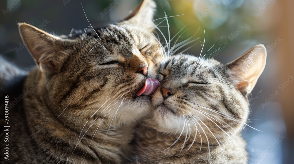 Fototapeta premium Close-up of two cats grooming each other affectionately, their tongues licking fur with care and tenderness as they bond in the comfort of home.