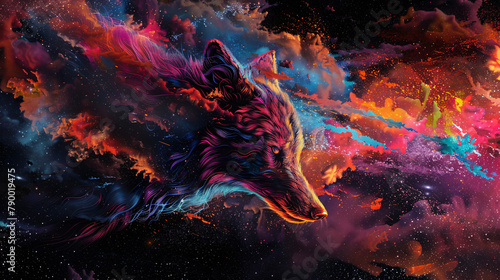 Abstract space wolf in various colors