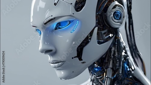 A robot with glowing blue eyes on a light background, the personification of artificial intelligence photo