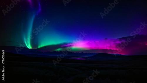 Video animation of breathtaking view of the Northern Lights with vibrant streaks of green and pink lights against the backdrop of a dark blue night sky photo