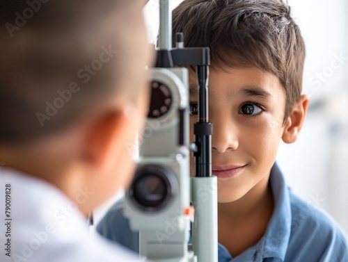 ophthalmologist checks the eyesight of a boy with special ophthalmic equipment. An appointment with an ophthalmologist