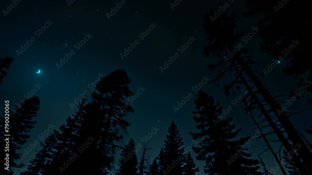 Video animation of serene night scene in a dense forest. Tall trees stretch towards a star-filled sky, creating a striking contrast between the dark silhouettes of the trees and the celestial display Video animation of serene night scene in a dense forest. Tall trees stretch towards a star-filled sky, creating a striking contrast between the dark silhouettes of the trees and the celestial display