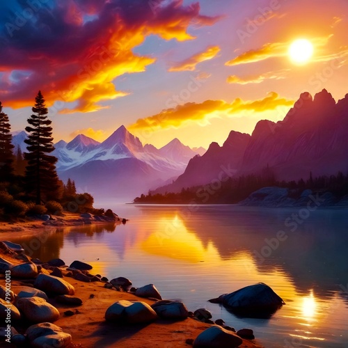 Beautiful sunset over a lake. Wonderful natural background.