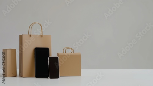 smartphone paper bags and giftbox on isolated background with copyspace, Online shopping concept