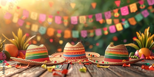 Mexican sombrero hat and maracas on a wooden table with colorful background