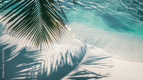 Tropical beach background with sea waves, white sand, palm tree shadows, concept banner for summer vacation © acnaleksy