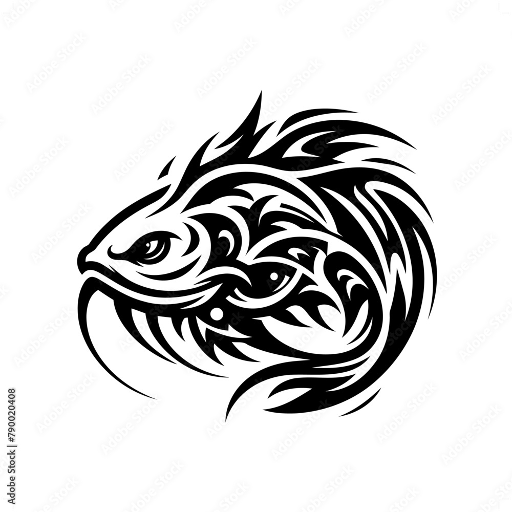 Catfish in modern tribal tattoo, abstract line art of animals, minimalist contour. Vector