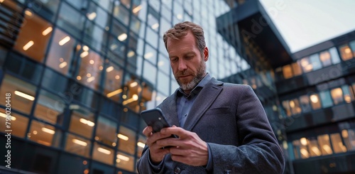 Man in Trench Coat Looking at Cell Phone