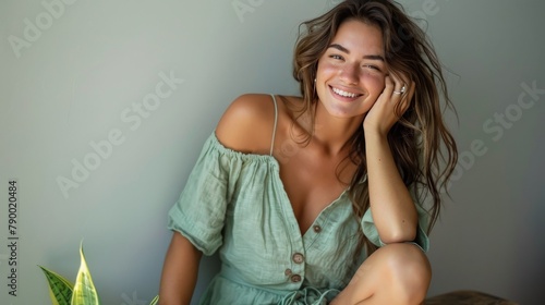 Woman Sitting on Bed Next to Plant