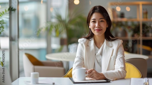 Woman Sitting at Table With Cup of Coffee
