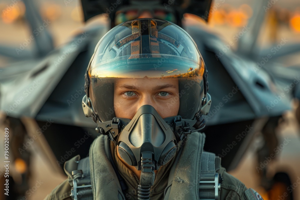 A close-up of a fighter pilot in helmet and oxygen mask, ready for a sortie