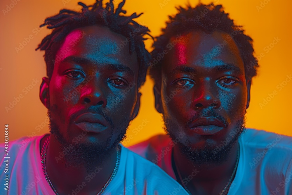 Twin brothers with intense expressions have contrasting blue and red lighting on their faces Twin brothers with intense expressions have contrasting blue and red lighting on their faces