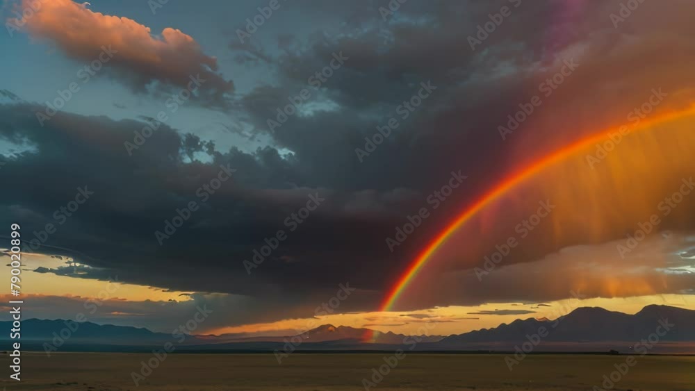 Video animation of dramatic sky with dark storm clouds and a bright sunset. A vivid rainbow emerges from the horizon, contrasting against the darker clouds Video animation of dramatic sky with dark storm clouds and a bright sunset. A vivid rainbow emerges from the horizon, contrasting against the darker clouds