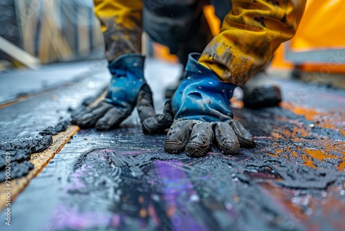 Close-up of a construction worker's boots and gloves as he applies epoxy resin on a floor photo
