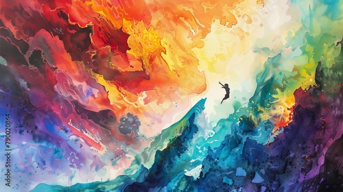 Bring the concept of utopian dreams and extreme sports to life through a watercolor painting Showcase vibrant colors and blend them seamlessly to evoke a sense of movement and excitement,