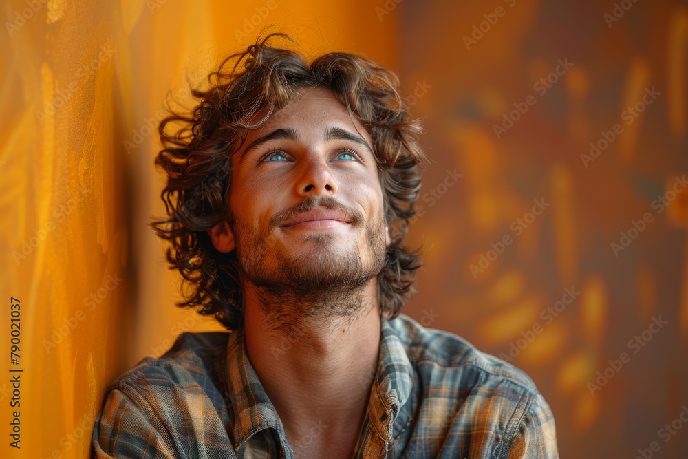 A young man with curly hair looks thoughtfully upwards as soft light illuminates his face A young man with curly hair looks thoughtfully upwards as soft light illuminates his face