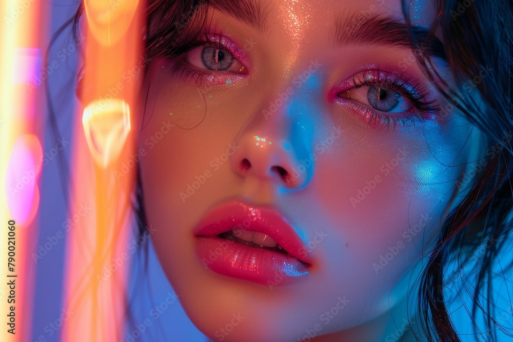 A close-up of a woman's face, with sparkles and neon lighting creating a futuristic look A close-up of a woman's face, with sparkles and neon lighting creating a futuristic look