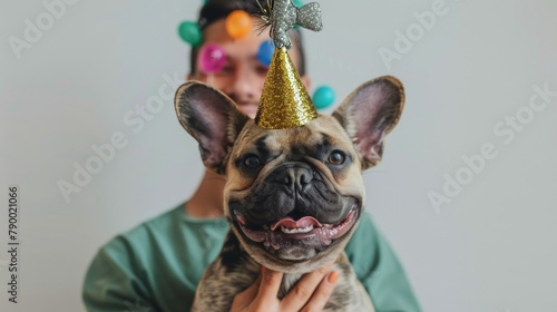 Small Dog Wearing Gold Party Hat