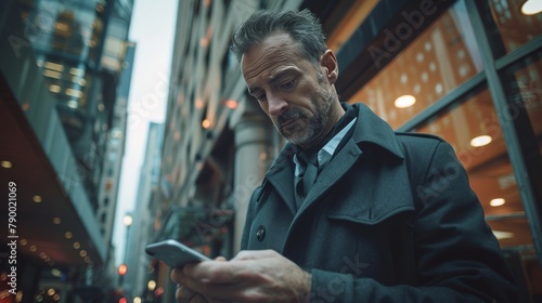 Man in Trench Coat Looking at Cell Phone