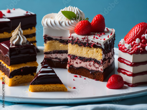 Cheesecake assortment on the table - strawberry, blueberry, chocolate 