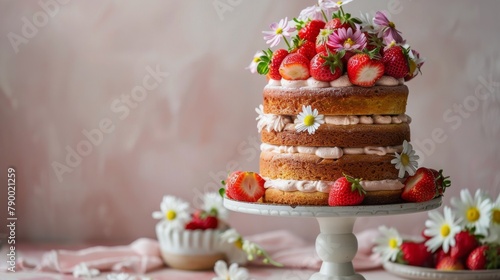 Elegant Multi Layer Cake With Strawberries and Daisies