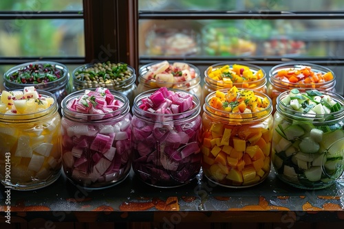 Multiple glass jars filled with colorful freshly chopped vegetables, reflecting healthy lifestyle and organized meal prep photo