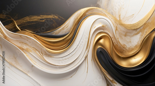 Abstract luxury black white and gold background with gold glitter and swirl brush strokes. Elegant liquid backdrop for invitation, banner design