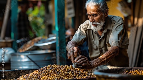 Old man sorting coffee beans