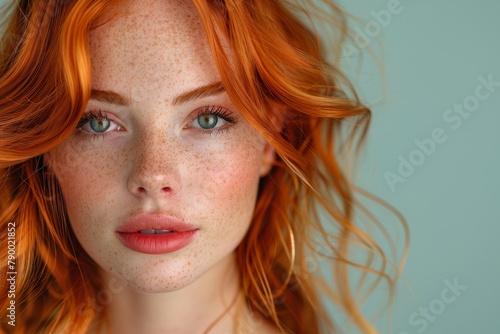 Dreamy portrait of a redhead woman with green eyes and a gentle, pensive look in a light background