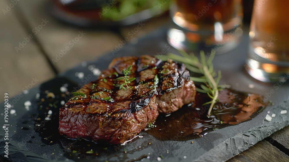 Traditional bbq dry wagyu fillet steak with herbs and glass of wine close-up on gray board Traditional bbq dry wagyu fillet steak with herbs and glass of wine close-up on gray board