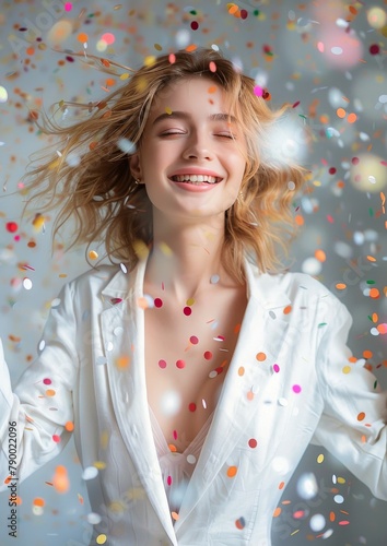 Woman in White Suit With Falling Confetti