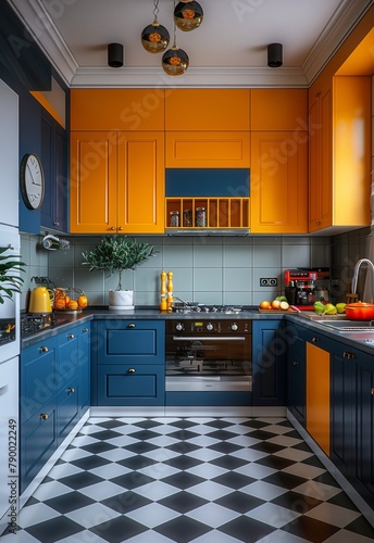 Dining Room With Checkered Floor and Orange Walls